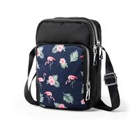 Bolso bandolera pequeño para mujer y niña, bolso de tela, funda para móvil para llevar colgado con patrón dulce, 3 compartimentos y correa larga, Flamingo., small, Contemporáneo