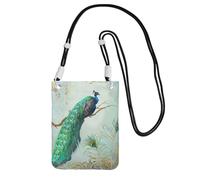 Bolso bandolera pequeño para teléfono móvil, cartera, bolso bandolera, elegante azul agua con diseño de pavo real y plumas en forma de rama de árbol.,Negro