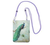 Bolso bandolera pequeño para teléfono móvil, cartera, bolso bandolera, elegante azul agua con diseño de pavo real y plumas en forma de rama de árbol.,Morado