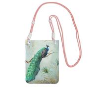 Bolso bandolera pequeño para teléfono móvil, cartera, bolso bandolera, elegante azul agua con diseño de pavo real y plumas en forma de rama de árbol.,Rosa