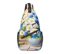 Bolso Bandolera Pintura al óleo Blanco Azul Margarita Flor Senderismo Mochila Bandolera Hombro Mochila Viaje Pecho Paquete para Hombres Mujeres