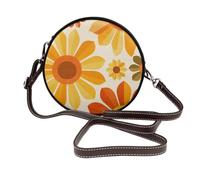 Bolso bandolera redondo de cuero para mujer, diseño de flores naranjas y amarillas de mediados de siglo