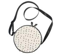 Bolso bandolera redondo de lona, diseño de lunares negros sobre blanco