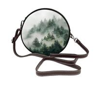 Bolso bandolera redondo de piel con diseño de árbol de pino de acuarela para mujer