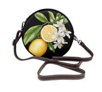 Bolso bandolera redondo de piel con diseño de flores de jazmín y limones de acuarela para mujer