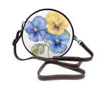 Bolso bandolera redondo de piel con diseño de flores de pensamiento, color azul y amarillo