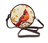 Bolso bandolera redondo de piel con diseño de pájaro rojo con hojas de arce para mujer