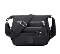 Bolso bandolera unisex de nailon con múltiples bolsillos frontales con | Una bolsa organizadora rectangular negra con varias cremalleras frontales horizontales, bolsillos laterales y una correa de