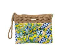 Bolso bicolor mezcla paja y tejido 22 x 16 x 5 cm, tejido fantasía y efecto paja trenzada, con cremallera y lazo de muñeca, fantasías mayólica y limones - BAG266, D26 cm