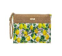 Bolso bicolor mezcla paja y tejido 22 x 16 x 5 cm, tejido fantasía y efecto paja trenzada, con cremallera y lazo de muñeca, fantasías mayólica y limones - BAG266, D62 cm