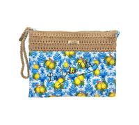 Bolso bicolor mezcla paja y tejido 22 x 16 x 5 cm, tejido fantasía y efecto paja trenzada, con cremallera y lazo de muñeca, fantasías mayólica y limones - BAG266, D22v724