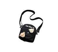 Bolso cruzado de lona con letras para teléfono con bonitos pines de oso, elegante bolso de hombro Harajuku para mujer, uso diario, Black, Talla única