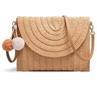Bolso cruzado de paja para mujer, tejido a mano, con pompones, para verano, playa, cartera, A-caqui, Medium