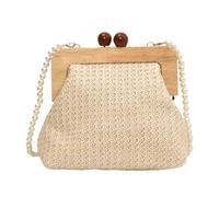 Bolso cruzado de paja tejida a la moda con cadena de perlas, clip de madera, bolso de playa pequeño para varias ocasiones, beige, One Size
