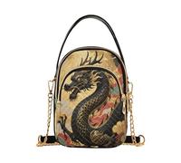 Bolso cruzado de piel con diseño de dragón negro y dorado con múltiples bolsillos para viajes