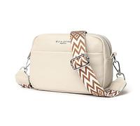 Bolso cruzado para mujer, pequeño bolso de cuero para cámara, correa gruesa, bolsa de hombro con triple cremallera con correa de guitarra, beige (A-Beige)