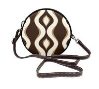 Bolso cruzado redondo de cuero con líneas onduladas retro de mediados de siglo para mujer, color marrón y blanco