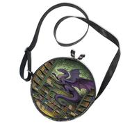 Bolso cruzado redondo de lona, bolso mensajero, diseño de dragón de fantasía en una librería, arte para amantes de los libros y decoración de fantasía