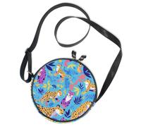 Bolso cruzado redondo de lona, bolso mensajero, guepardos coloridos sobre azul tropical