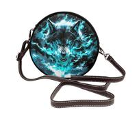 Bolso cruzado redondo de piel con diseño de lobo de fuego azul con ojos brillantes para mujer