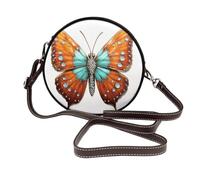 Bolso cruzado redondo de piel con diseño de mariposa y esmalte naranja y verde azulado para mujer