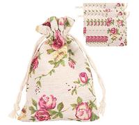 Bolso de arpillera con patrón de flores con cordón de 50 piezas 14x9.5 cm/5.5x3.7 pulgadas Mini bolsa de joyería ligera para el banquete de boda y el arte de bricolaje