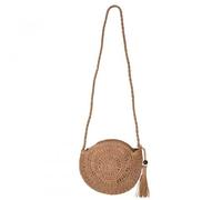 Bolso de Bandolera Paja, Bolso Mimbre Pequeño, Bolso Verano Paja Bohemio, Bolsos Tejidos Crochet, con Cremallera y Borla, para Vacaciones, Fiesta, Citas (Círculo-Caqui)