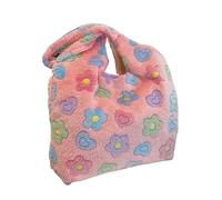 Bolso de compras versátil for mujer, bolso hombro felpa con estampado flores, esponjoso kawaii, mano gran capacidad, peludo(Pink)