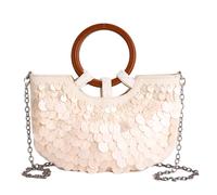 Bolso de conchas naturales hecho a mano con cuentas ligeras con asa y correa de hombro desmontable para mujer, playa, fiesta, vacaciones, White, Small
