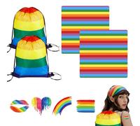 Bolso de cuerda arcoíris + pañuelo de rayas + pegatinas de orgullo + set de 2 piezas + 34x42 cm + 54x54 cm + colores brillantes, Adecuado para actividades al aire libre, viajes y actividades diarias