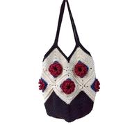 Bolso De Ganchillo Bolso de hombro grande con diseño de flor de ganchillo y cuadrado de abuelita, hecho a mano, estilo vintage, for playa y verano.(Black)
