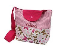 Bolso de guardería para niña, diseño de monstruo y mariposas con nombre morado rosa