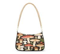 Bolso de hombro con cadena de moda, bolso cruzado casual con estampado de hongos del bosque, bolsa de poliéster multidirección, bolsa de axilas con cadena de aleación dorada para mujer, viajes diarios