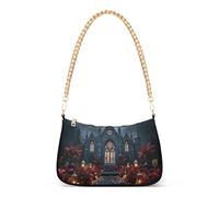 Bolso de hombro con cadena de moda, casual, con patrón de iglesia oscura, bolso cruzado de poliéster multidirección, bolsa de axilas con cadena de aleación dorada para mujer, viajes diarios, compras