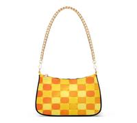 Bolso de hombro con cadena de moda, diseño casual de círculos amarillos en una rejilla, bolso cruzado multidirección, bolso de poliéster con cadena de aleación dorada para mujer, viajes diarios y