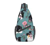 Bolso de hombro con estampado turquesa azul aguamarina brillante, mochila cruzada, bolsa de pecho, mochila para mujeres y hombres, viajes, senderismo, Floral Border Collie, Talla única