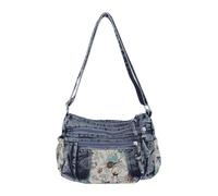 Bolso de hombro de mezclilla para mujer, bolso de mensajero vintage de gran | Bolsa cruzada de mezclilla lavada con correa ajustable, bordado de mariposa, bolsa bandolera con múltiples bolsillos
