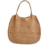 Bolso de hombro de paja para mujer, espacioso y de gran capacidad, para viajes y estilos cotidianos, Caqui de color liso Ha, One Size