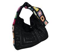 Bolso de hombro de punto para mujer, bolso de playa con flores coloridas, cruzado, hueco, ganchillo, vacaciones, flores coloridas, bolso cruzado para mujer, bolso de playa de punto, Black, One Size