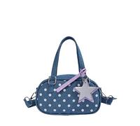 Bolso de hombro elegante de mezclilla para mujer, gran capacidad, estampado de lunares, con colgante de estrella, versátil, para viajes, citas, compras, etc, Blue, Medium