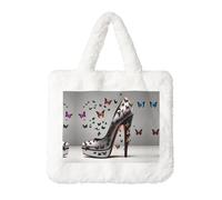 Bolso de hombro esponjoso con estampado de mariposa y tacón alto para mujer, bolsa de mano de felpa para axilas, bolso de mano para el trabajo y viajes, blanco, One Size
