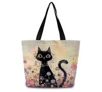 Bolso De Las Gato Flores Negro Casual Bolso De Cosméticos Bonitas Bolsa Tela Para Escolares Enfermería Mamá