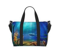 Bolso de lona con estampado de caballito de mar oceánico, se puede llevar cruzado o al hombro, adecuado para viajes y camping.