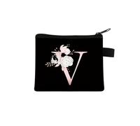 Bolso de mano con estampado de flores y letras rosas, bolsa de almacenamiento portátil con cremallera para llaves, pequeña bolsa de lona fresca con cremallera para niños, V, Talla única