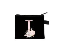 Bolso de mano con estampado de flores y letras rosas, bolsa de almacenamiento portátil con cremallera para llaves, pequeña bolsa de lona fresca con cremallera para niños, I, Talla única