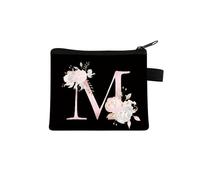 Bolso de mano con estampado de flores y letras rosas, bolsa de almacenamiento portátil con cremallera para llaves, pequeña bolsa de lona fresca con cremallera para niños, M, Talla única
