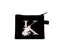 Bolso de mano con estampado de flores y letras rosas, bolsa de almacenamiento portátil con cremallera para llaves, pequeña bolsa de lona fresca con cremallera para niños, K, Talla única