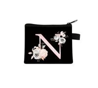 Bolso de mano con estampado de flores y letras rosas, bolsa de almacenamiento portátil con cremallera para llaves, pequeña bolsa de lona fresca con cremallera para niños, N, Talla única