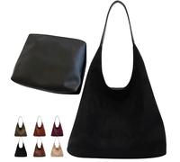 Bolso de mano de ante de imitación de estilo vintage para mujer, bolso de hombro holgado con bolsillo para el trabajo, viajes y universidad, Negro