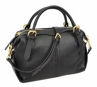 Bolso de mano de cuero granulado para mujer | Bolsa de bolos con cremallera superior | Correa cruzada desmontable | Pies y herrajes dorados | Eclipse negro | bronceado veneciano | Coñac Dusk | Vice